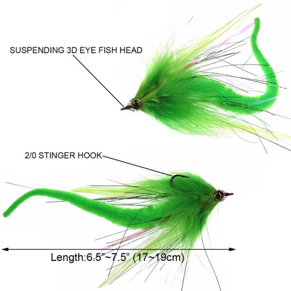Elllv 1PC/2PCS #2/0 Dragontail Streamers Flies for Bass Muskie Pike Fishing Lures Saltwater Big Game Baitfish Fly 6 Colors 2