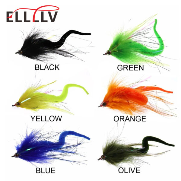 Elllv 1PC/2PCS #2/0 Dragontail Streamers Flies for Bass Muskie Pike Fishing Lures Saltwater Big Game Baitfish Fly 6 Colors 1