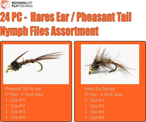 Nymph Flies 24 PC Combo Hares Ear & Pheasa Dry Flies Nymphs Fly Fishing Flies Kit - Image 2