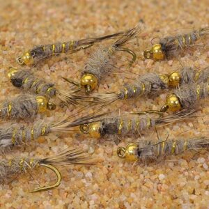 12 Flies -Bead Head Natural Hares Ear Mayfly Dry Flies Nymphs Fly Fishing Flies Kit