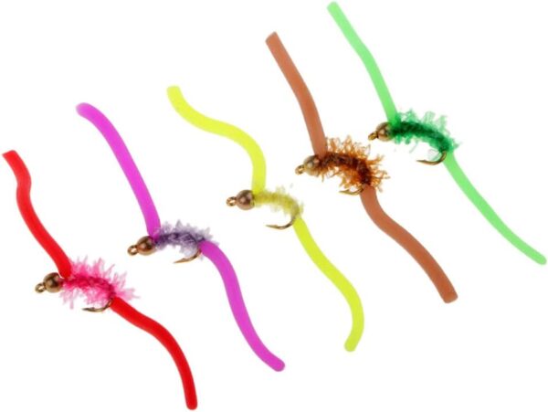 5pcs Worm Brass Bead Head Fly Trout Fly Fish Dry Flies Nymphs Fly Fishing Flies Kit