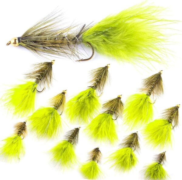 ?C 12 PC Wooly Bugger Flies 6 Patterns Avai Dry Flies Nymphs Fly Fishing Flies Kit