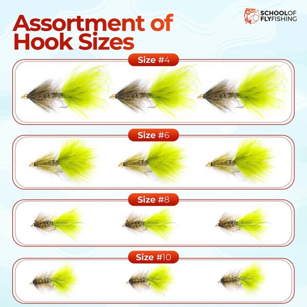 ?C 12 PC Wooly Bugger Flies 6 Patterns Avai Dry Flies Nymphs Fly Fishing Flies Kit - Image 3