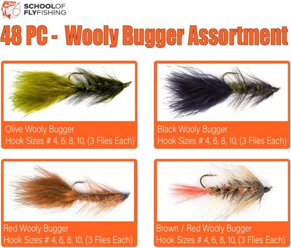 - Wooly Bugger Flies 48 PC Assortment Oliv Dry Flies Nymphs Fly Fishing Flies Kit - Image 2